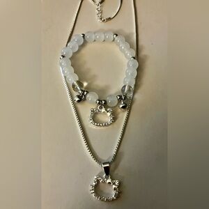 Hello Kitty Silver Charm necklace and Bracelet set with Heart Accents